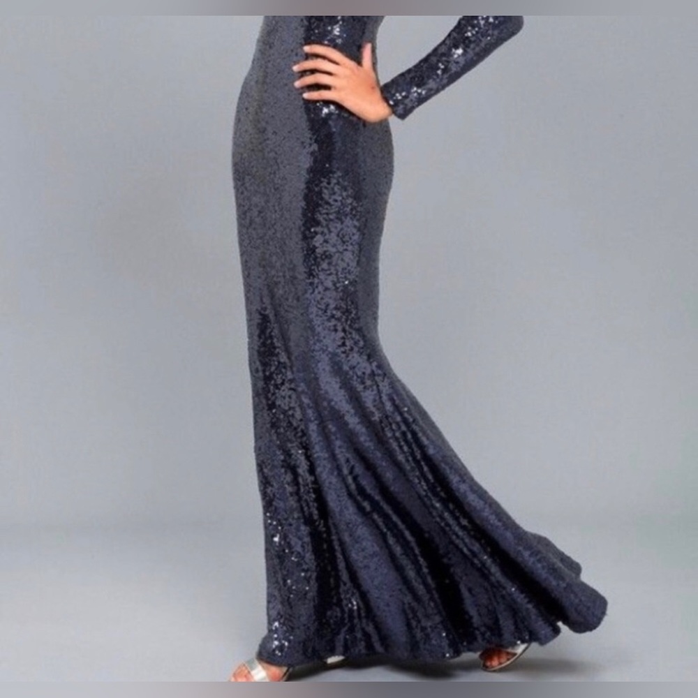 Lulu's Navy Sequin Long Sleeve V-Neck Prom Dress - Picture 2 of 9